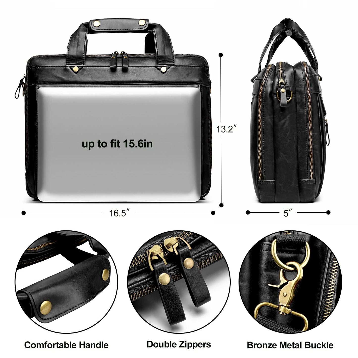 Bosidu Leather Briefcases for Men 15.6 Inch Laptop Messenger Bag with Triple Compartments Water-Resistant Computer Shoulder Bag for Business, Travel, Work, Office, Black