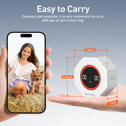 Secura Pomodoro Timer, Rotating Cube Time Tracker, Flip Gravity Sensor with 7 Presets(1/3/5/10/15/30/60 Min), Visual Progress Bar for ADHD, Kids, Tasks, Work, Study (White)