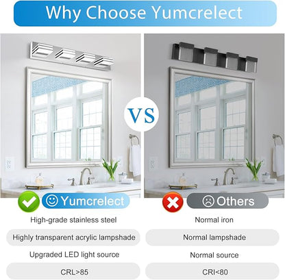 LED Vanity Lights for Bathroom 4 Light Bathroom Lamp over Vanity 27Inch Bathoom Mirror Light Fixtures Modern Bath Bar Lighting Chrome Vanity Lighting Fixtures 24W Restroom Light Fixture 6000K
