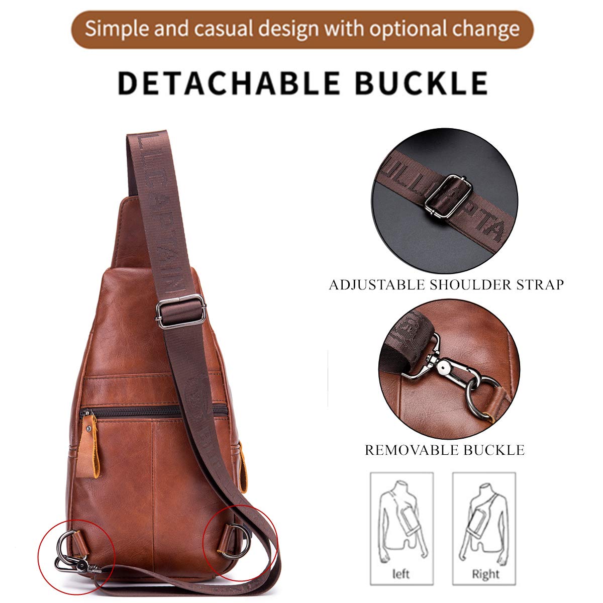 BULLCAPTAIN Genuine Leather Sling Bag with USB Charging Port Multi-pocket Chest Bag for Men Hiking Travel Daypack XB-129(Brown)