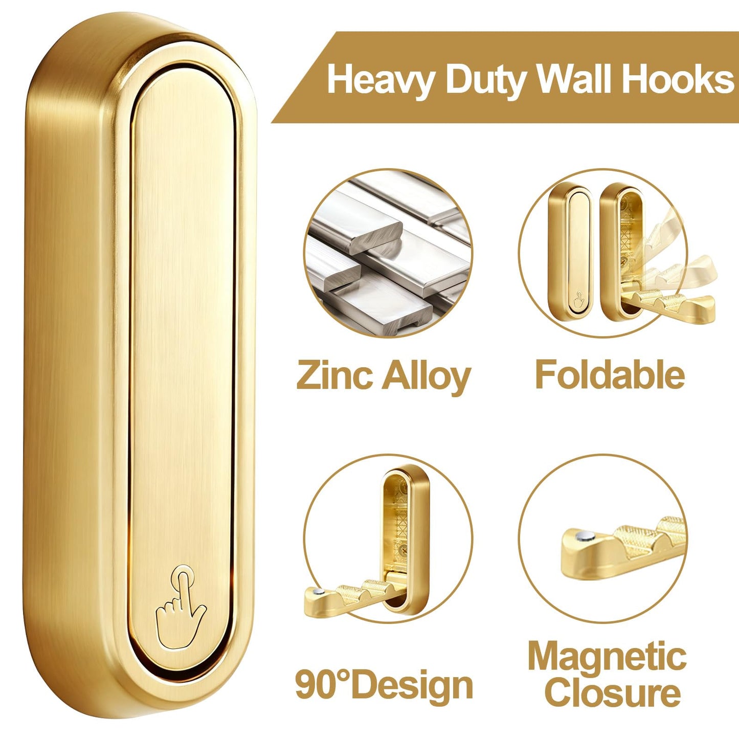 Fevont 6 Pack Folding Wall Hooks – Heavy Duty Gold Coat Hooks, Foldable Zinc Alloy Wall Mount Hooks for Hanging Coats, Hats, Towels, Bags, Keys, Robes, Christmas Socks & Wreaths – Holds up to 55 lbs