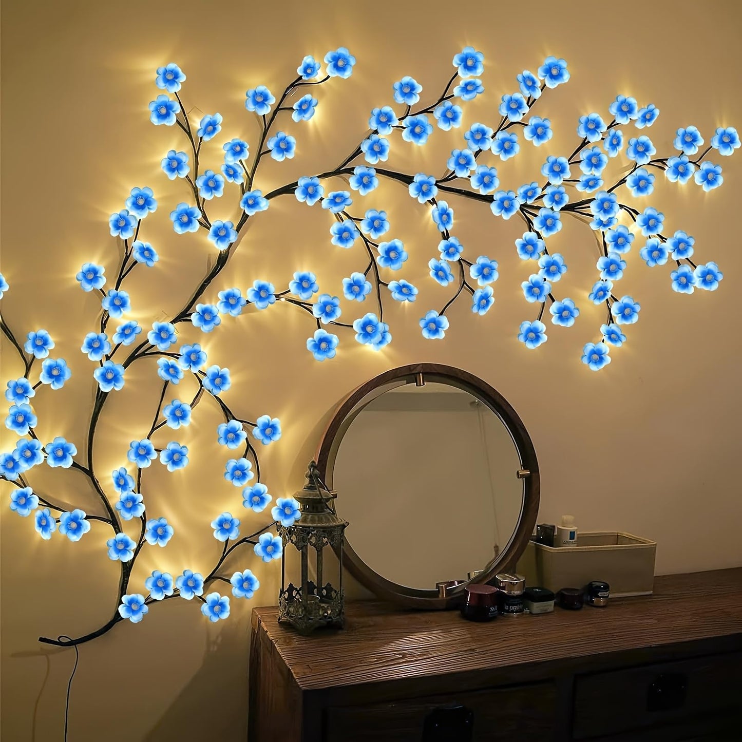 BomKra Blue Cherry Blossom LED Lights for Bedroom Decor, Cherry Blossom Willow Vine Branch with Remote Control,Flexible DIY Design,48 LED 8 Modes,for Party, Living Room, Wall Decorations (47inch)