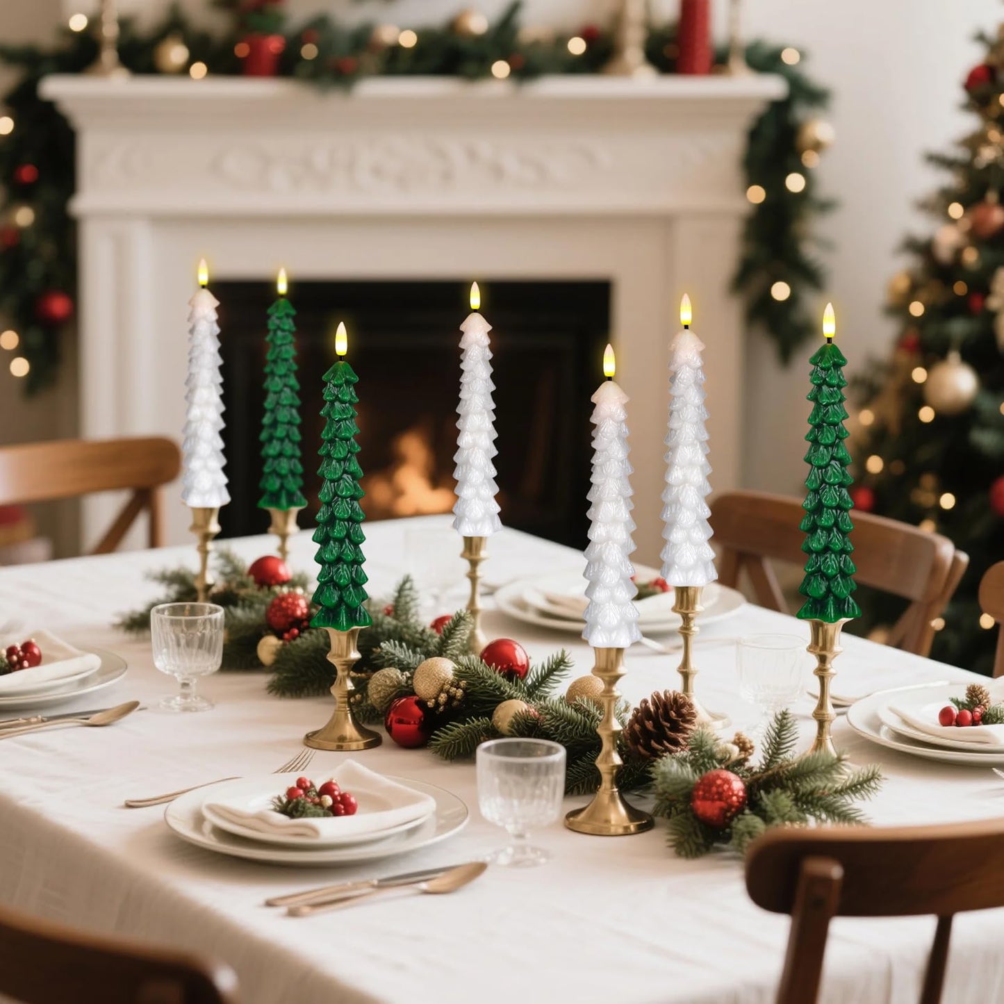 Lasumora Christmas Tree Candles with Remote Timer, 4 Pcs Waxy Flameless Taper Candles Flickering, Battery Operated LED Candlesticks with 3D Flame Wick, White Window Candle for Christmas Decorations