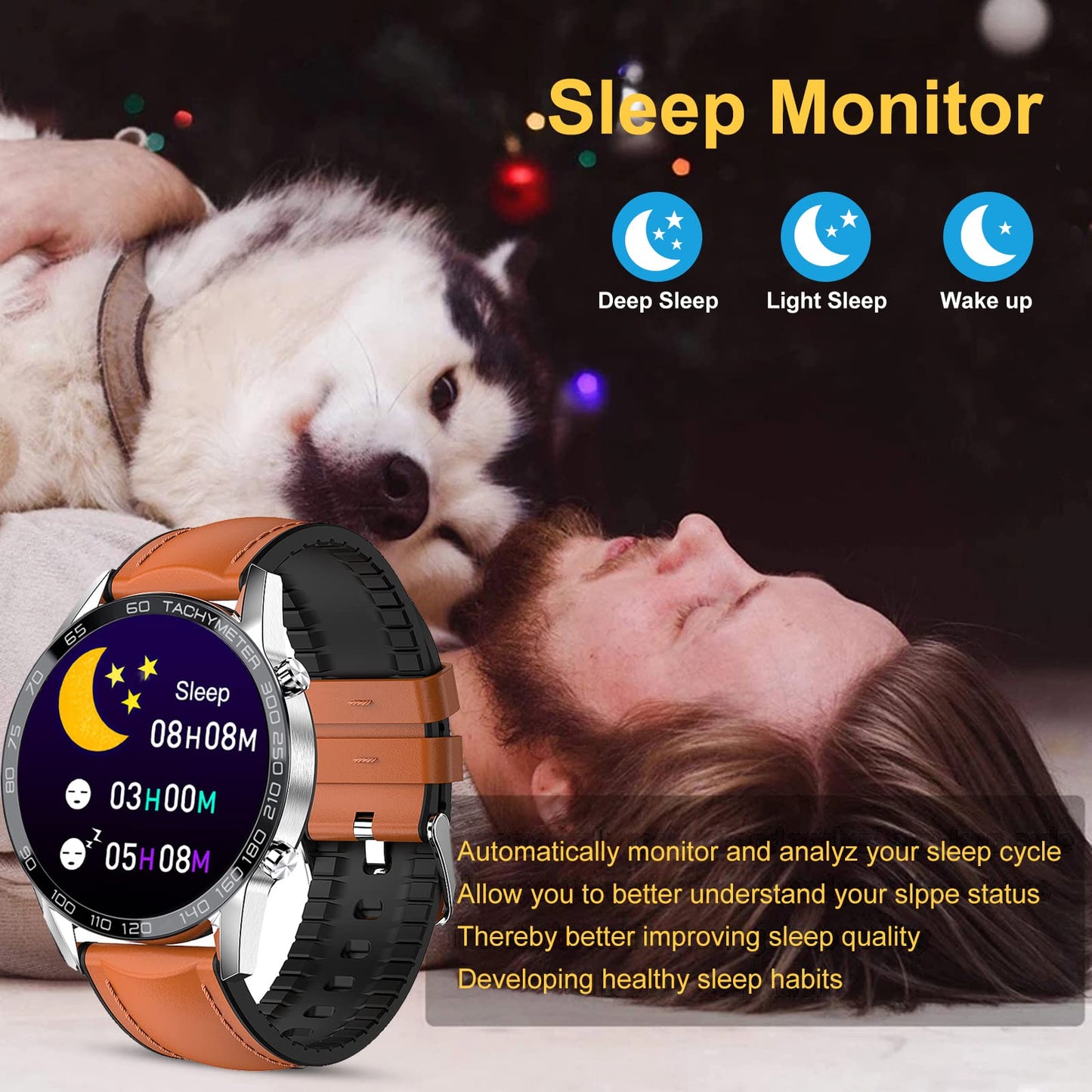 FILIEKEU Leather Men Smart Watch for Android iOS, Bluetooth Calls Voice Chat with Heart Rate Fitness Tracker, 1.3" Full Touch Screen IP67 Waterproof Silicone Activity Tracker for Men