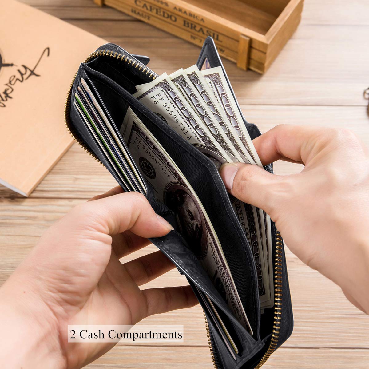 BULLCAPTAIN Genuine Leather Wallet for Men Large Capacity ID Window Card Case with Zip Coin Pocket QB-231 (Black)