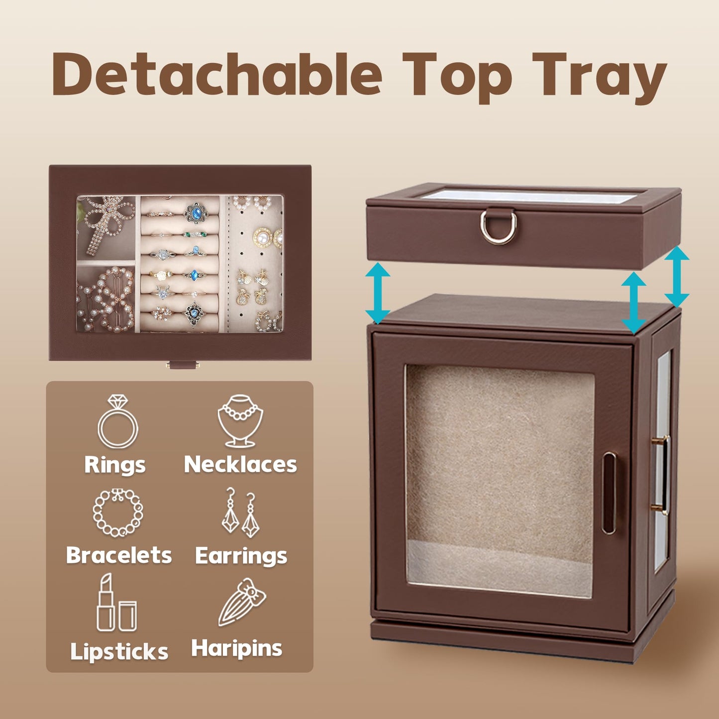 Kendal 360° Rotating Jewelry Box - Brown PU Leather Jewelry Organizer with Shadow Box & Pinboard, Detachable Top Tray, Drawers & Push Pins for Personalized Accessory Display & Storage