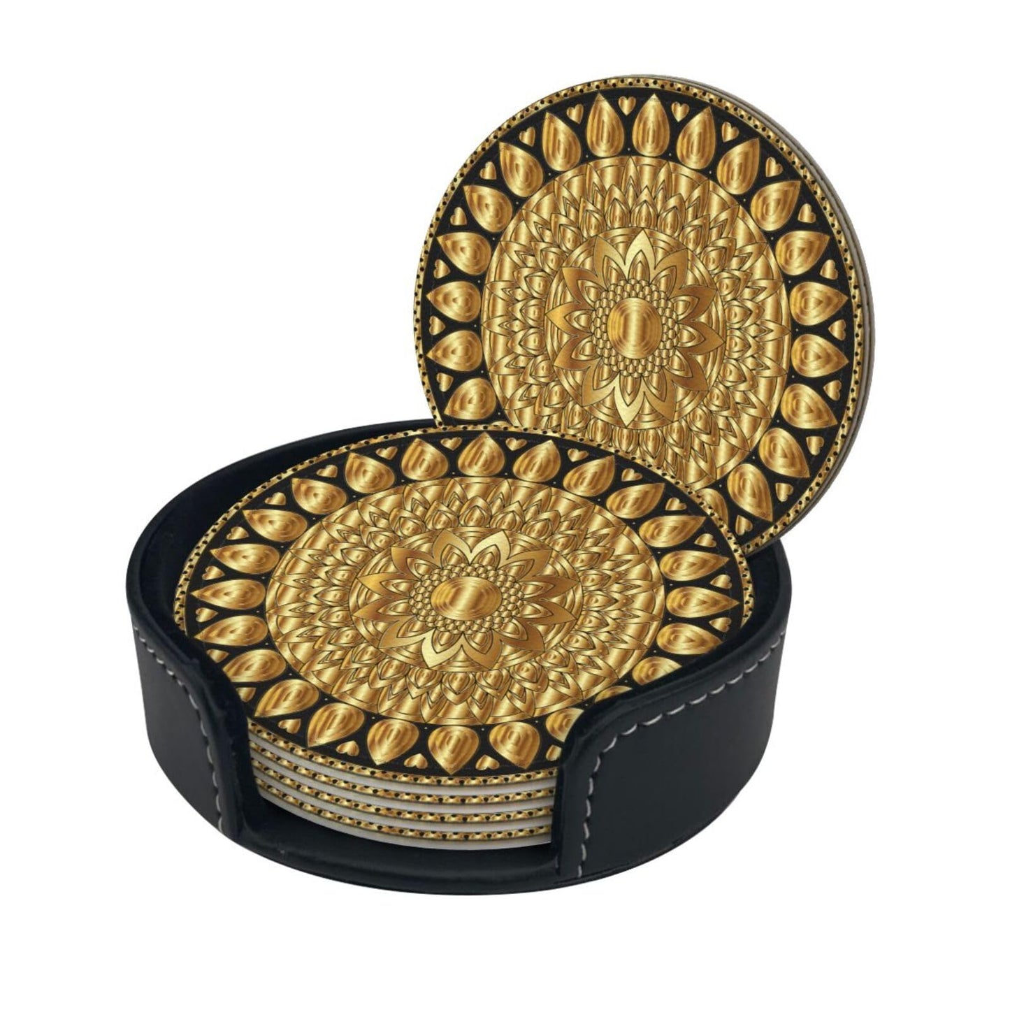 BOXIMIAO Drink Coasters with Holder Stand Set of 6, Pu Leather Absorbent Coasters with Cork Base Table Coaster Round Coasters for Housewarming Apartment Kitchen Bar Decor Mandala Art Floral Gold