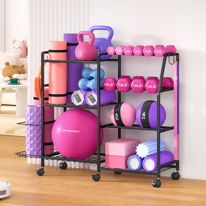 Dumbbell Rack, Weight Rack for Home Gym, Yoga Mat Storage Rack, Exercise Equipment Storage with Wheels and Hooks, Home Gym Equipment Organizer for Kettlebells