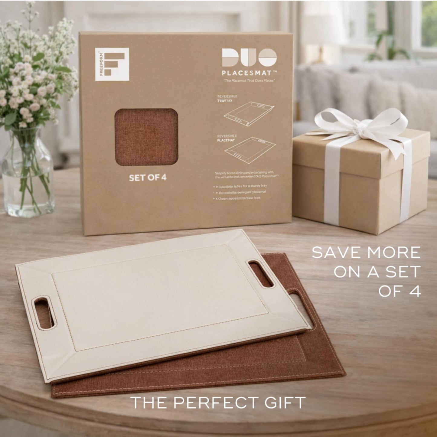 FREEFORM PLACEsMAT 2-in-1 Faux Leather Placemat & Serving Tray | Reversible Design, Lays Flat & Easy to Clean | Ottoman Food Tray, Perfect Housewarming Gift, 18” x 14” (Fabric Tan & Cream, Single)