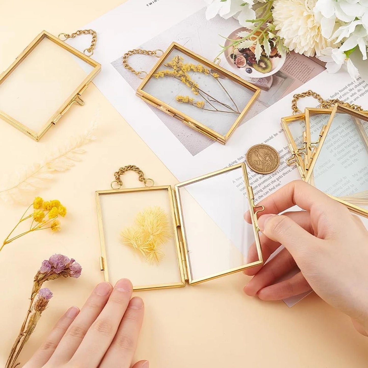 FOCHIER F 4 Pcs Pressed Flower Frame with Tweezers, Wall Hanging Tabletop Display Double Glass Frames with Metal Chain for Pressed Dried Flowers Plants, Horizontal and Vertical Picture Frame, Gold, FRAMES ONLY