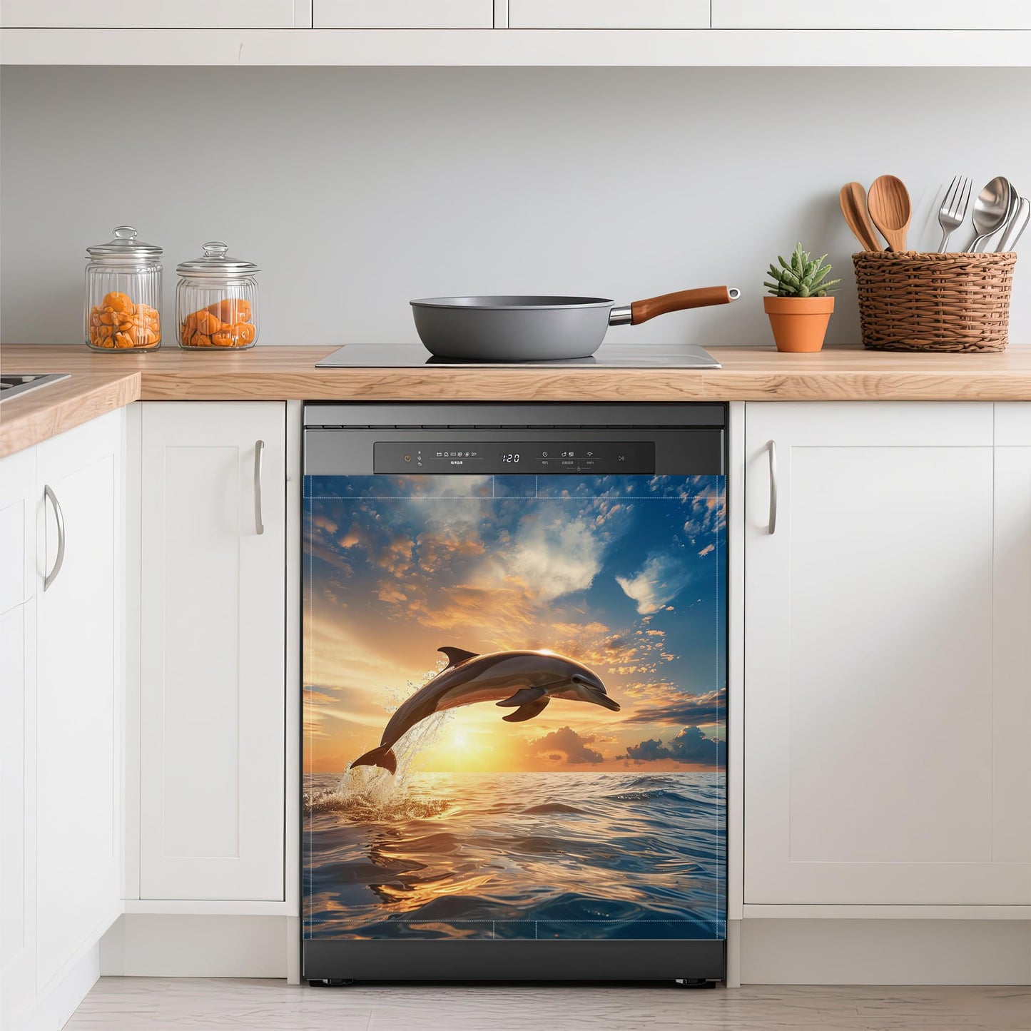 Jumping Dolphins Refrigerator Magnet Cover,Ocean Sunset Washable Dishwasher Magnets Decorative Cover,Home Kitchen Decorative Dishwasher Front Panel Cover 23x26 Inch
