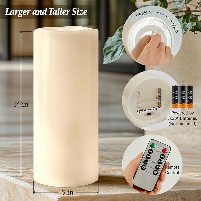5" x 14" Large Waterproof Outdoor Flameless Candles Battery Operated LED Flickering Pillar Candles with Remote and Timer for Indoor Outdoor Lanterns, Off White, Long Lasting, Set of 2