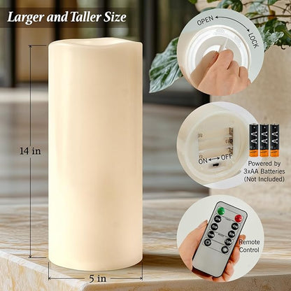 5" x 14" Large Waterproof Outdoor Flameless Candles Battery Operated LED Flickering Pillar Candles with Remote and Timer for Indoor Outdoor Lanterns, Off White, Long Lasting, Set of 2