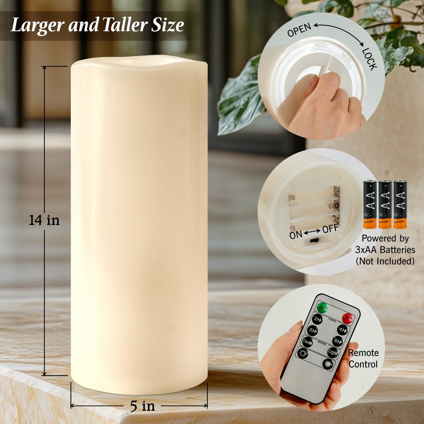 Yongmao 5" x 14" Large Waterproof Outdoor Flameless Candles Battery Operated LED Flickering Pillar Candles with Remote and Timer for Indoor Outdoor Lanterns, Off White, Long Lasting, Set of 2