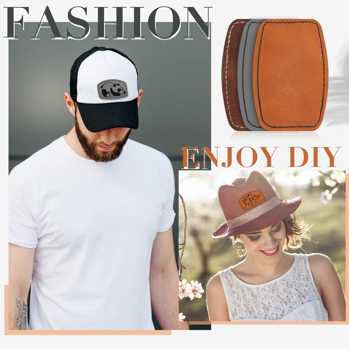 Dunzy 60 Pcs Blank Leatherette Hat Patches with Adhesive Rustic Rounded Rectangle Patch Faux Leather Patches for Hats Costumes Fabric Repair Sew Laser Supplies(Khaki, Gray, Brown,2x3inch)
