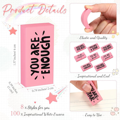 PerKoop 100 Pcs Pcs Inspirational Pink Erasers Bulk Small Motivational Block Pencil Erasers Back to School Gifts for Classroom Students Teachers Office Stationery Supplies