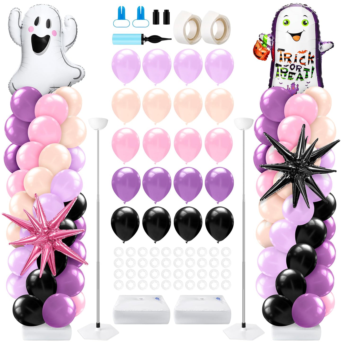 Kasyat 2 Sets Pink Purple Halloween Balloon Column Stand Kit Purple Pink and Black Arch Garland Kit with Cute Ghost Explosion Star Foil Balloons for Spooky Birthday Party Halloween Party Decoration