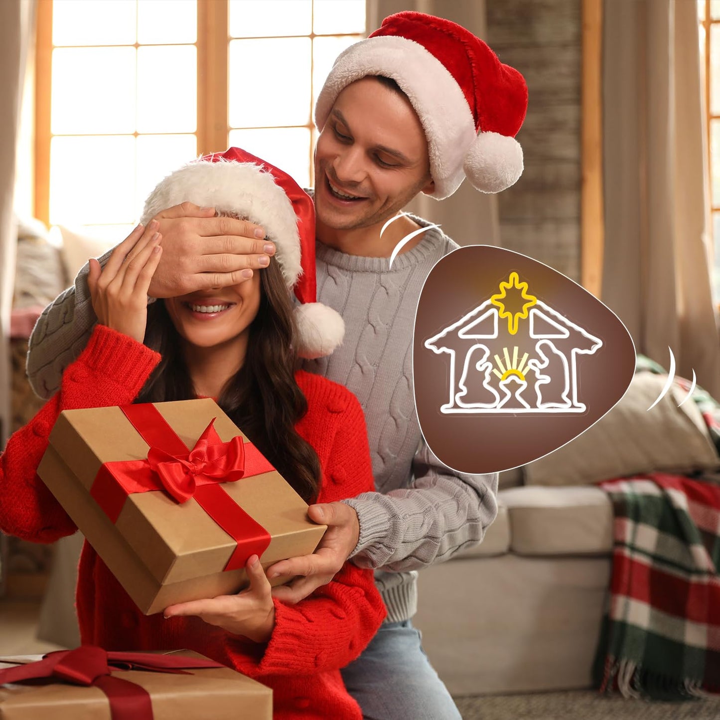 Vveikea Christmas Neon Sign Lighted Nativity Scene Led Sign Light Up Nativit Scene Indoor Jesus Lights Nativity Window Lights Led christmas Window Decorations