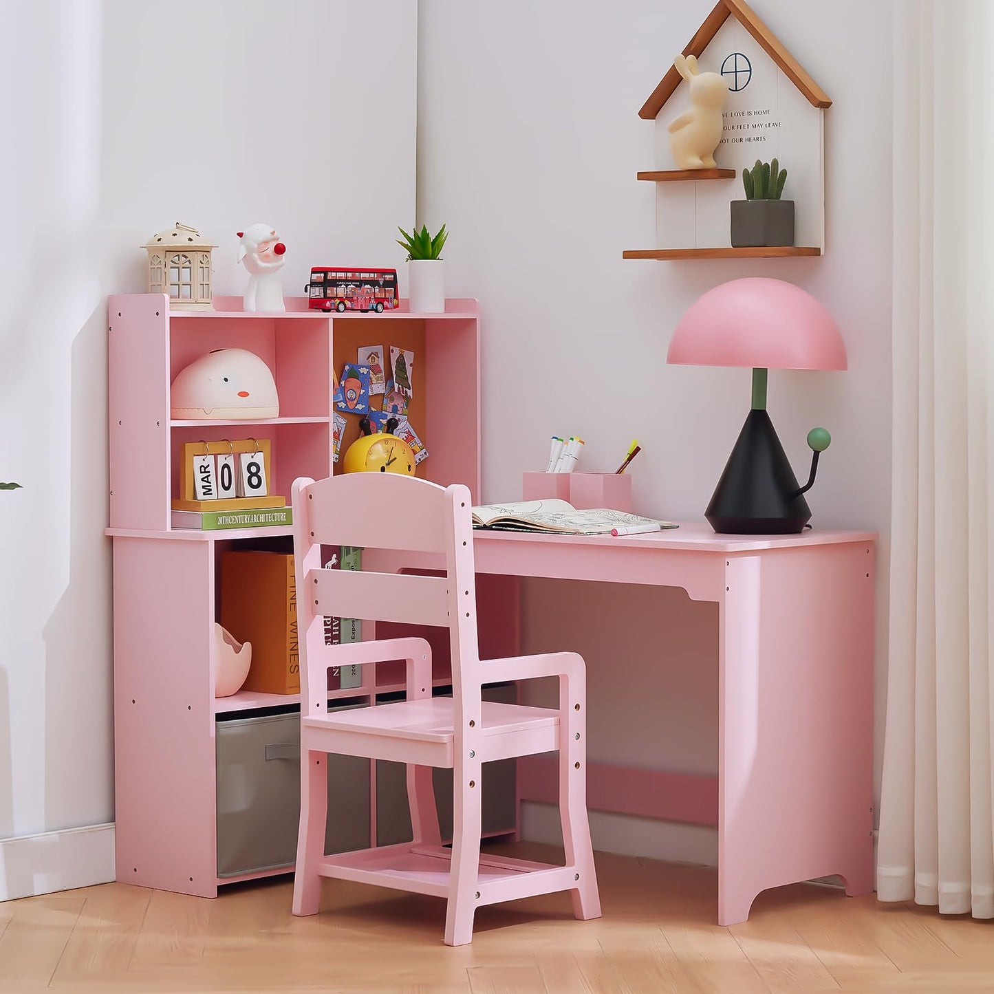 Garvee Kids Corner Desk, Desk and Chair Set for Children, L Shape Kids Study Table - Features Bulletin Board Open Shelves & Storage Cabinets and Cloth Drawers, Pink