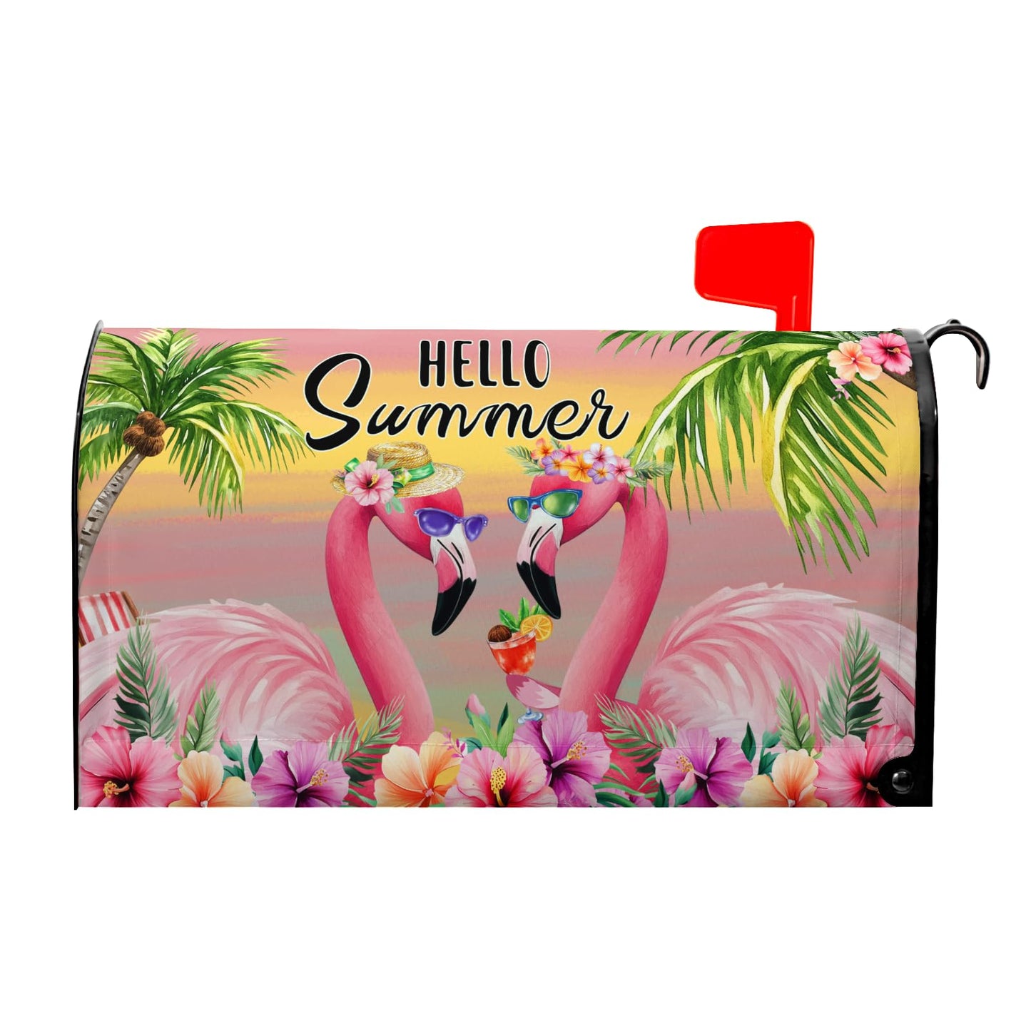 Hello Summer Mailbox Covers Flowers Floral Beach Flamingos Mailbox Cover Palm Tree Post Letter Box for Garden Standard Size 21x18 in for Yard Home Decor