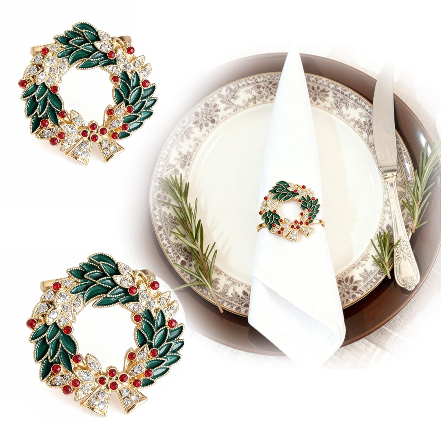 Christmas Wreath Napkin Rings Set of 8, Enamel Berry Gold Alloy Napkin Holders, Holiday Table Decor for Christmas Dinner Place Settings
