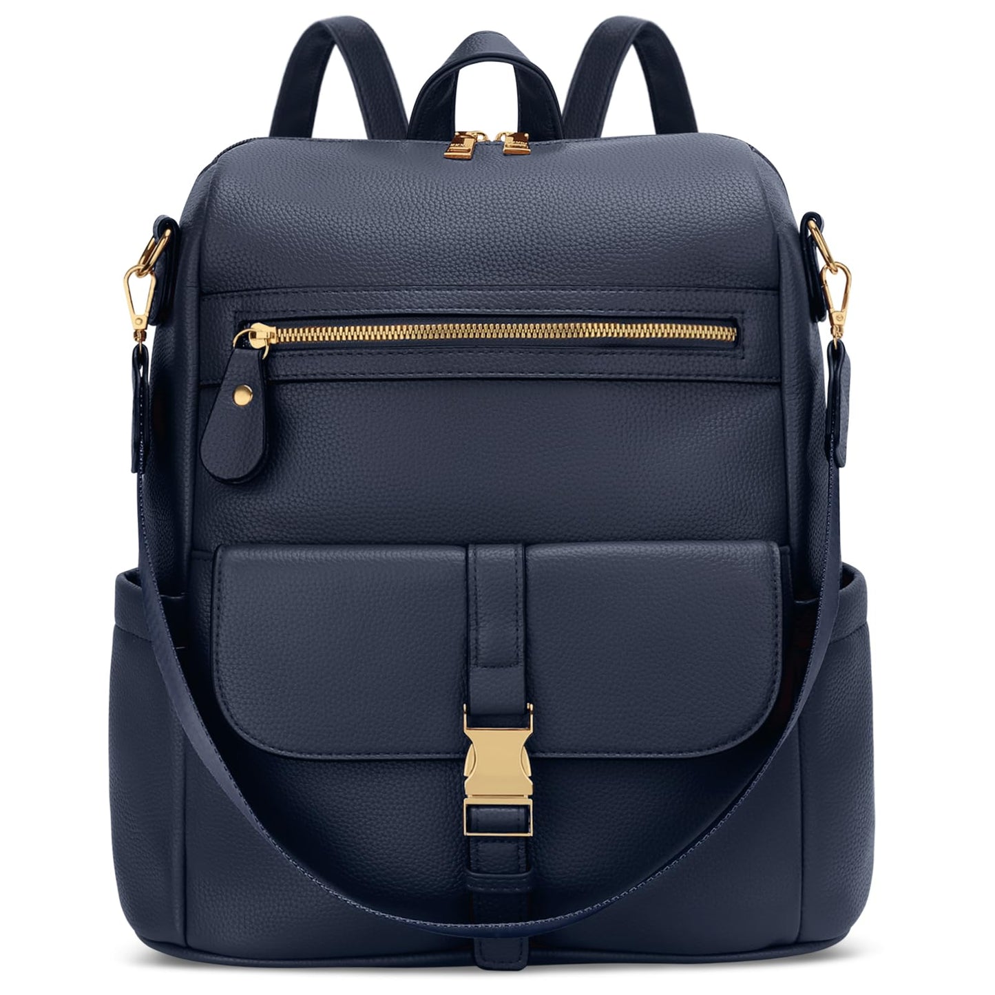KKXIU Backpack Purse for Women - Multi-pocket Leather backpack for Travel, Work & School with Anti-Theft Lock Pocket, Luggage Strap & Water Bottle Pockets - 13x14x5.2 Inch (Navy)