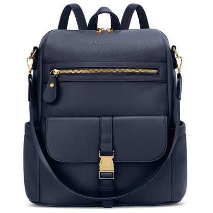 KKXIU Backpack Purse for Women - Multi-pocket Leather backpack for Travel, Work & School with Anti-Theft Lock Pocket, Luggage Strap & Water Bottle Pockets - 13x14x5.2 Inch (Navy)