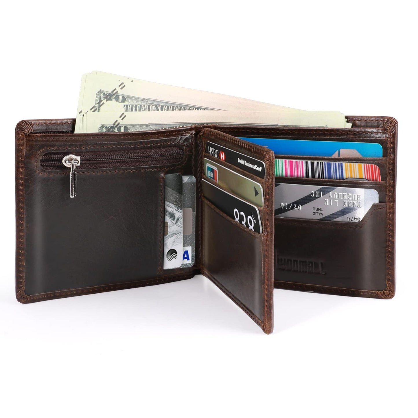 LYOOMALL Wallet for Men, Large Capacity Genuine Leather RFID Blocking Bifold Wallet/Credit Card Holder for Men, with Coin Pocket, Zipper Cash Pocket, ID Window and 10 Card Slots (Coffee)