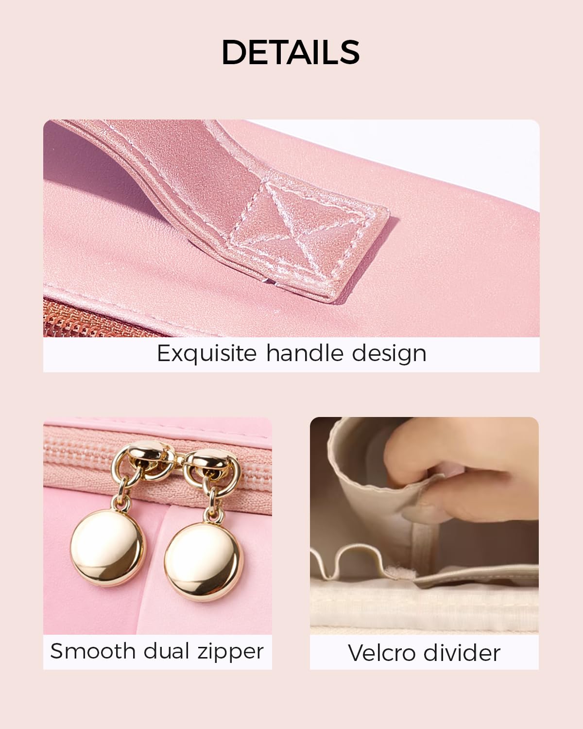 Lucatherine Large Standing Makeup Bag, Sturdy PU Leather Cosmetic Organizer with Fold-Down Phone Tray, Waterproof Travel Toiletry Case with Wipeable TPU Brush Holder, 9.5 Inch, Pink