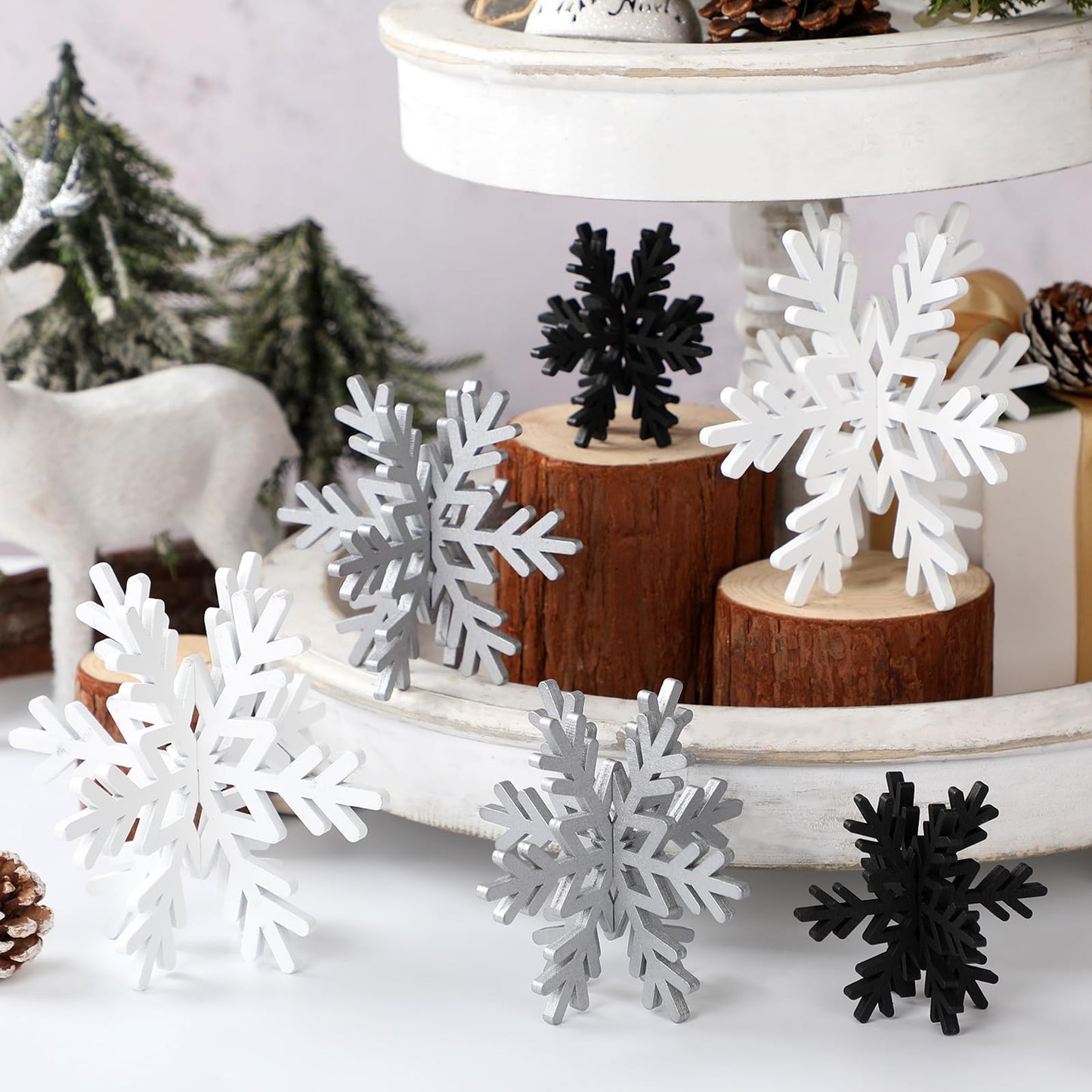 Bucherry 12 Pcs Wooden Snowflake Table Decor 3D Snowflake Tabletop Signs and Centerpiece for Frozen Party Christmas Xmas Winter Wonderland Decorations Home Office Mantel(White, Gray, Black)