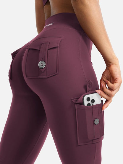 YEOREO CoreFlex Women Workout Flare Leggings with Pockets Hidden Scrunch High Waisted Cargo Gym Yoga Leggings Dark Cherry XS