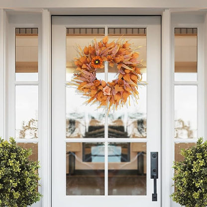 Fall Wreaths for Front Door 26 Inch, Front Door Wreath with Sunflowers Roses and Realistic Full Leaves, Outdoor Wreaths for Front Door Porch Farmhouse Home Harvest Thanksgiving Decor