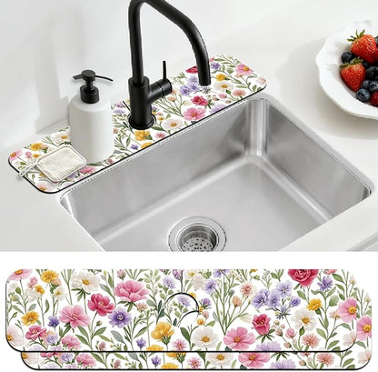 2 Pcs Kitchen Sink Splash Guard Faucet Mats Colorful Watercolor Flowers and