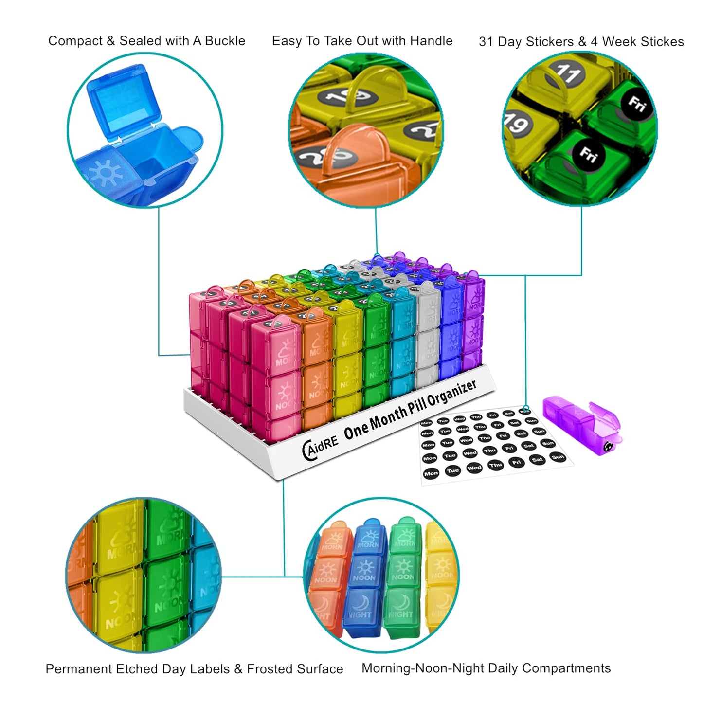 CAidRE Monthly Pill Organizer 31 Day 3 Times a Day – One Month Pill Box for Medications, Fish Oil, Vitamins & Supplements – 30 Day Daily Pill Case Organizer