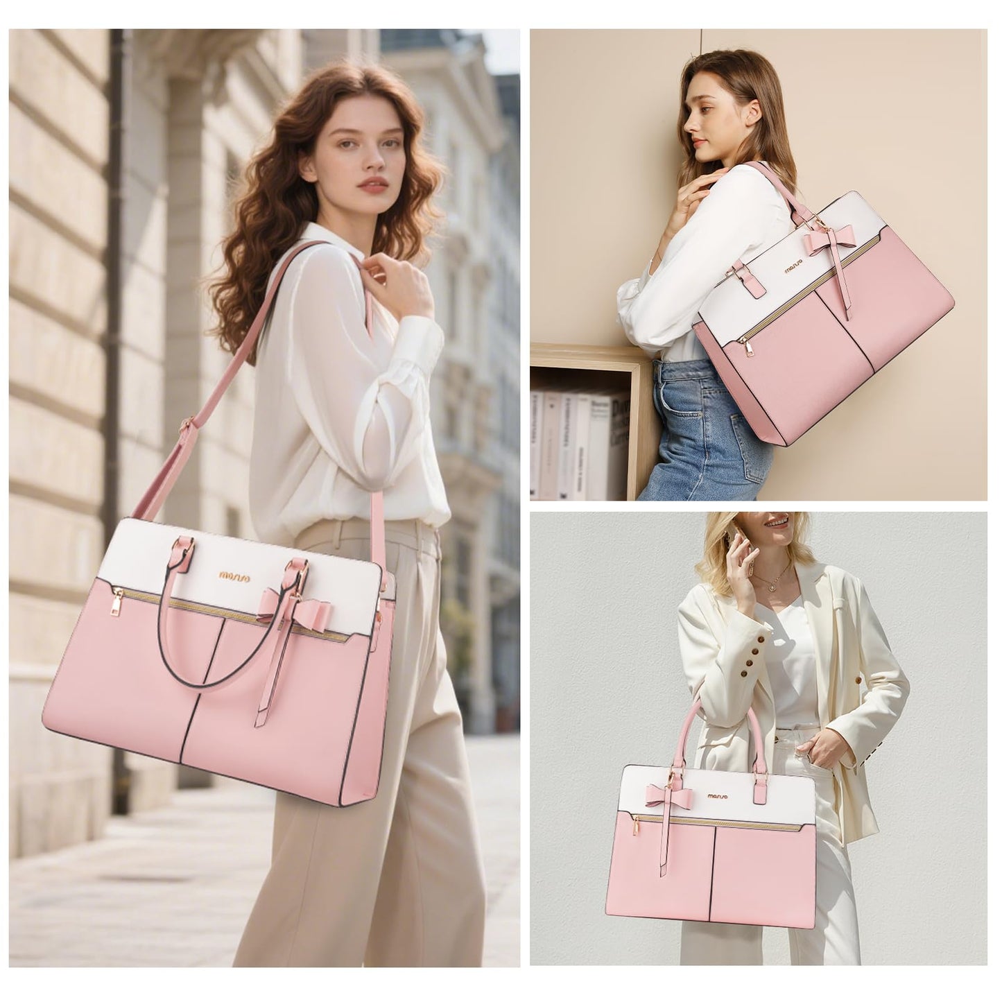 MOSISO Laptop Tote Bag for Women, 15.6 inch Waterproof PU Leather Work Bag with Clutch Purse & Bowknot, Large Capacity Handbag Shoulder Computer Bags Work Briefcase for Business Teacher Office, Pink