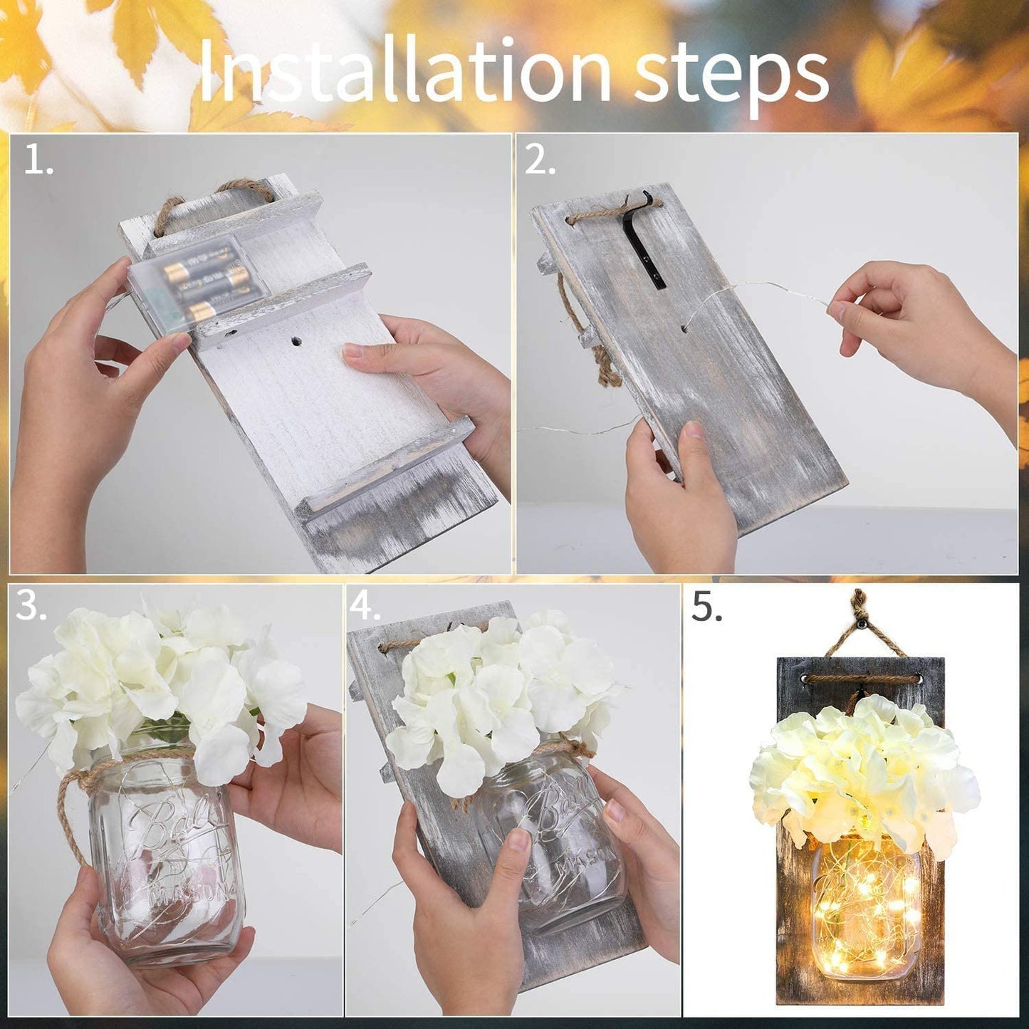 Lightess Mason Jar Wall Lights with Remote Control, Rustic Bedroom Wall Decor, Hanging Battery Powered Jar Sconce with LED Fairy Lights for Farmhouse Decor, SYA11 (Set of 2)