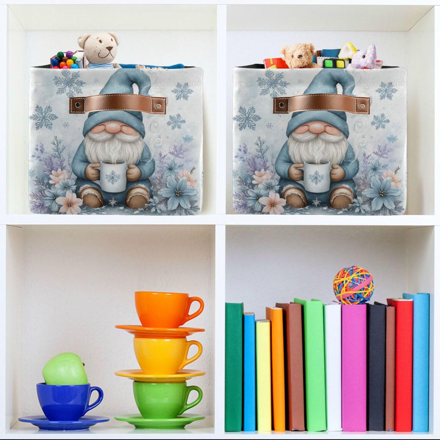 Pfrewn Christmas Winter Storage Basket Cute Gnome White Snowflakes Flowers Collapsible Rectangular Storage Boxes Organizer Shelf Basket Toy Book Storage Bin for Nursery 1 Pack