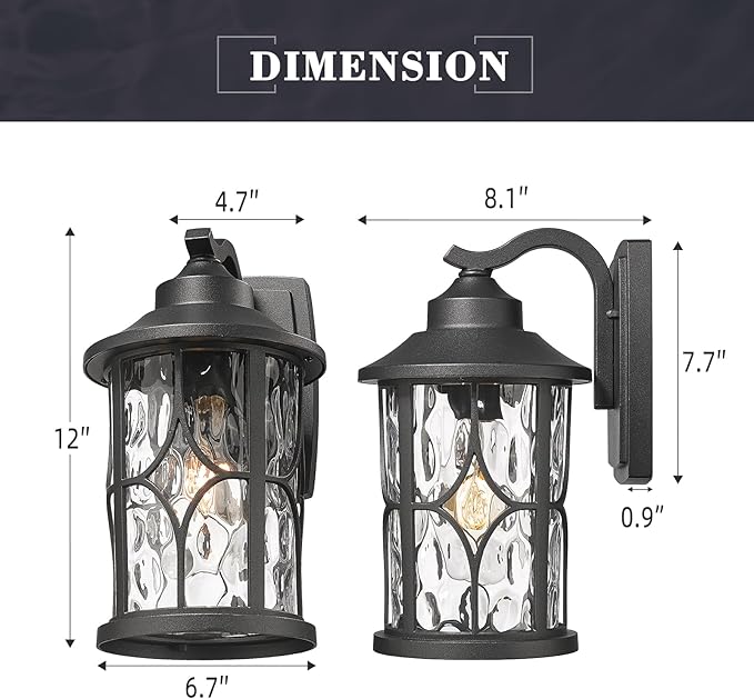 zeyu Modern Outdoor Wall Lights, 12 Inch Exterior Wall Lantern, Cast Aluminum with Water Ripple Glass, Black Finish, ZX48BWG BK