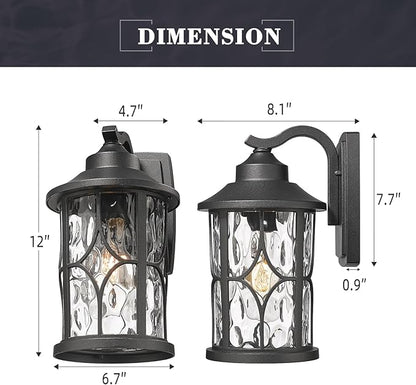 zeyu Modern Outdoor Wall Lights, 12 Inch Exterior Wall Lantern, Cast Aluminum with Water Ripple Glass, Black Finish, ZX48BWG BK