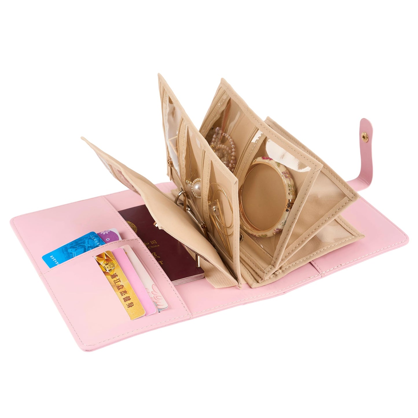 PU Leather Travel Jewelry Storage Box - Jewelry Binder Organizer with Zipper Velvet Pouches Bracelet Earring Rings Necklaces Jewelry Binder Gift for Women -Pink