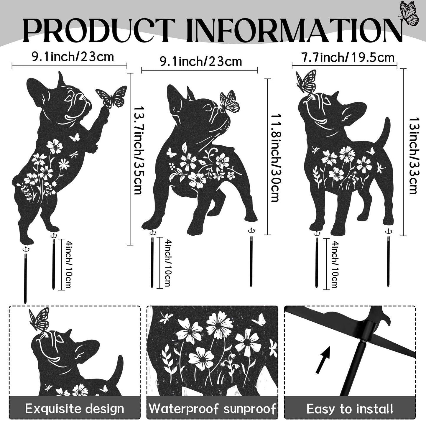 LIRAVENO French Bulldog Gifts Decor - 3 Pcs Metal Garden Stakes Outdoor Animal Statue Decorations Patio Lawn Pathway Yard Art Ornaments Butterfly Flower Silhouette Christmas Birthday for Dog Lover