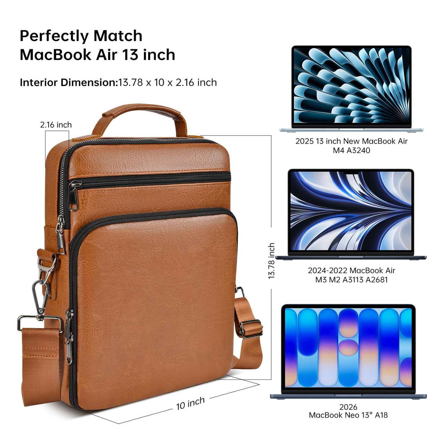 13 Inch Leather Laptop Bag for 2026 MacBook Neo A18 Pro A3404, 2026-2022 MacBook Air 13 M5 M4 M3, Protective Carrying Sleeve Travel Case with Accessory Pockets, Brown