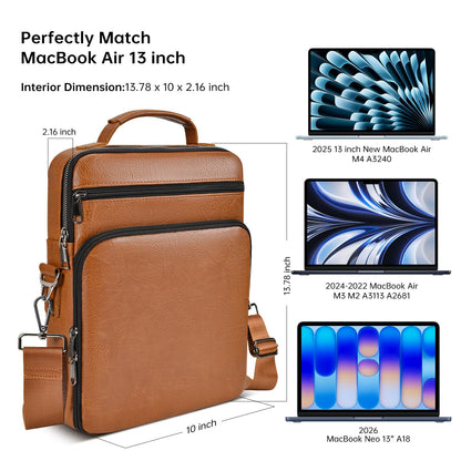 13 Inch Leather Laptop Bag for 2026 MacBook Neo A18 Pro A3404, 2026-2022 MacBook Air 13 M5 M4 M3, Protective Carrying Sleeve Travel Case with Accessory Pockets, Brown