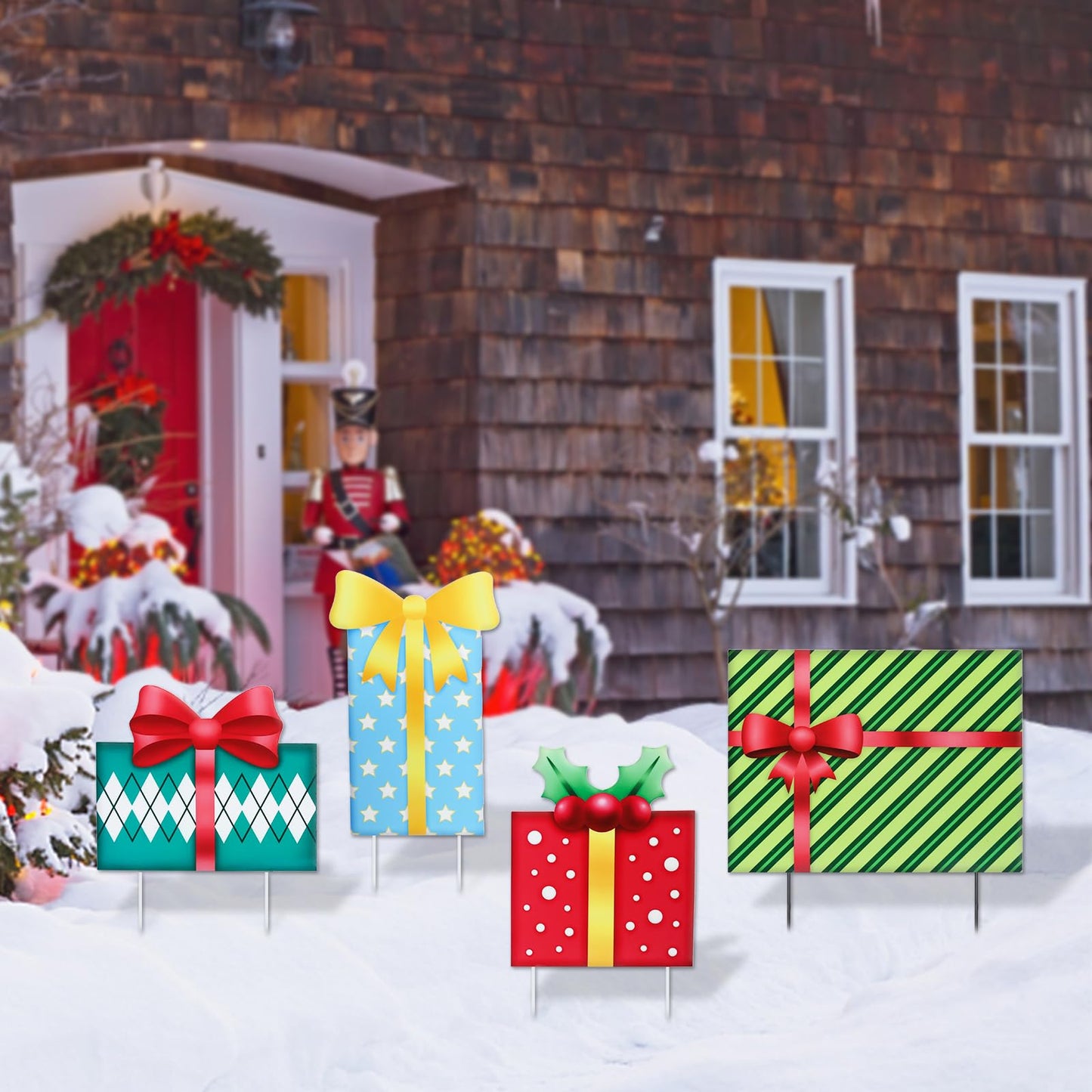 Christmas Yard Sign Decorations Outdoor Christmas Four Gift Boxes Yard Signs with Metal Stakes for Xmas Holiday Party Lawn Sign Garden Decor Outdoor Yard Signs