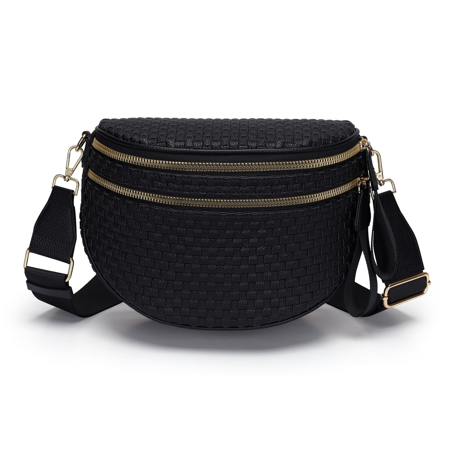 AMZFROG Checkered Woven Cross body Bum Bags for Women Trendy Casual Chest Bag Sling Bags Genuine Leather Fanny Packs Adjustable Strap Large Waist Bag for Outdoor Travel Black