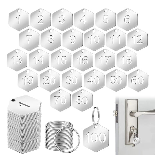 100 Pcs Hollowed Stainless Steel Number Tags Numbered Key Tags with Rings Hexagon Metal Key ID Tag with Numbers 1-100 for Dormitory Keys House Lockers (Hexagon)