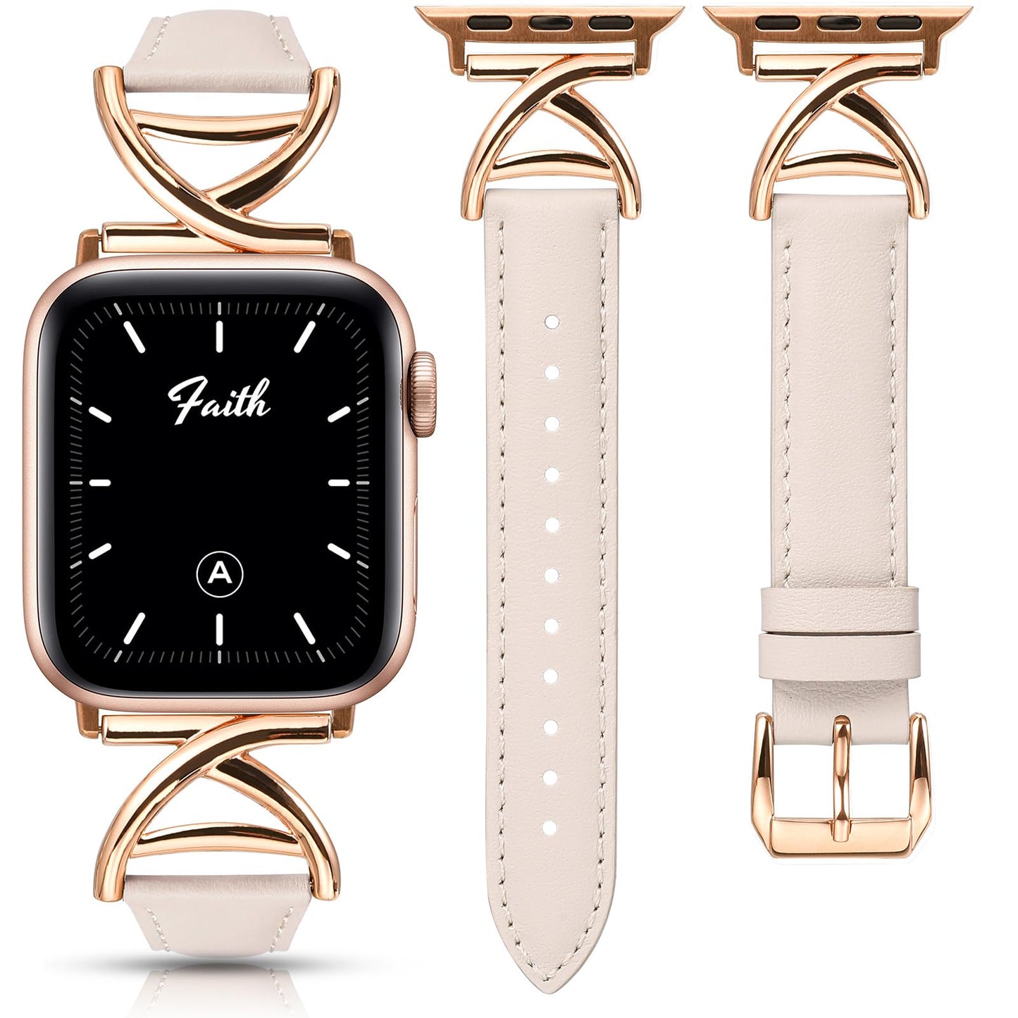 Minyee Leather Band Compatible with Apple Watch Bands 38/40/41/42mm Women,Dressy Premium Leather Strap with A-Shape Metal Buckle for iWatch Series 11 10 9 8 7 6 5 4 SE/Ultra 3 2 1,Starlight/Rose Gold