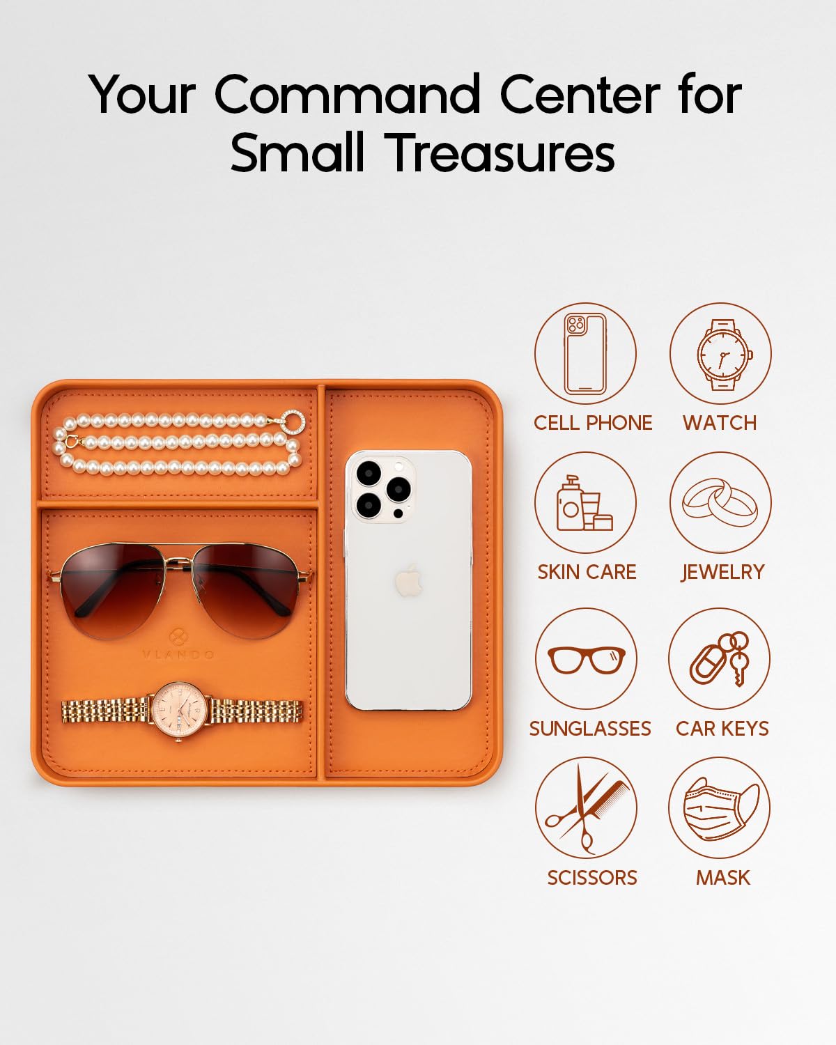 VLANDO Valet Tray Organizer, PU Leather Catchall Tray with Dividers for Keys Wallet Watch Phone Jewelry, Nightstand Dresser Desk Organizer for Sunglasses Perfume Earbuds Accessories, Orange