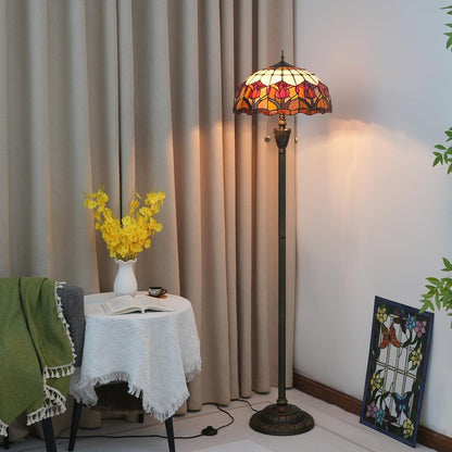 Blivuself Tiffany Floor Lamp Red Tulip Style Stained Glass Standing Reading Light 16X16X64 Inches Antique Unique Pole Corner Tall Decor Lamp for Bedroom Living Room Home Office