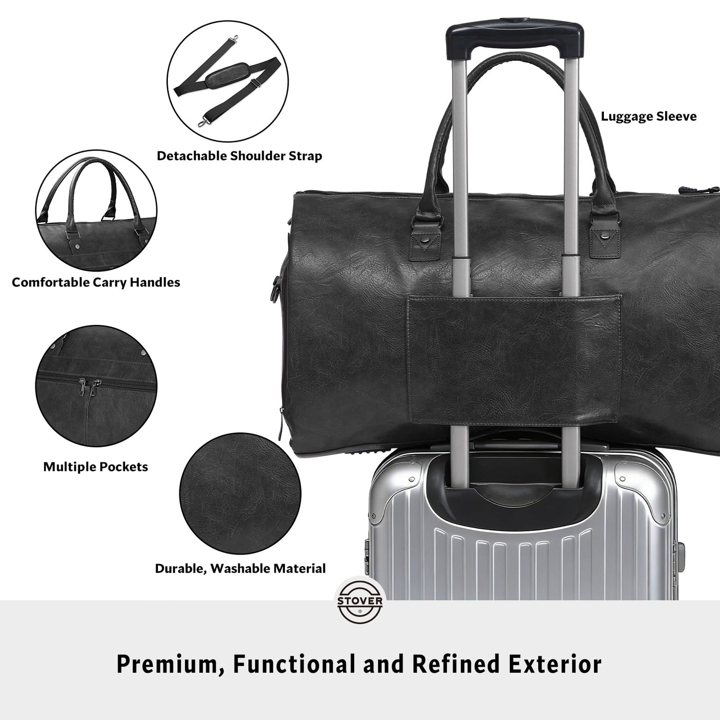 STOVER Garment Travel Duffle Bag, Large 2-in-1 Convertible Carry-on Luggage for Men & Women- Hanging Suits, Dresses & Clothes + Shoe Compartment- Weekender Tote Combo Duffel (Black Leatherette)